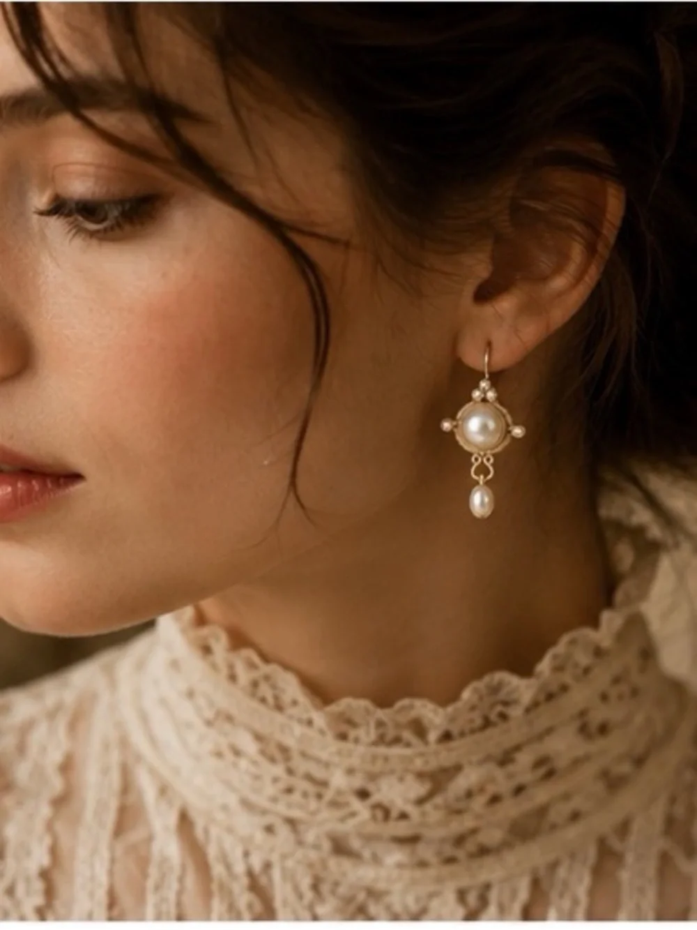 Vintage Gold Pearl Drop Earrings with Accent Pearls